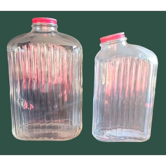 2 Milk Water Antique Vintage Ribbed Glass Bottles With Red Caps Anchor Hocking - Picture 1 of 13